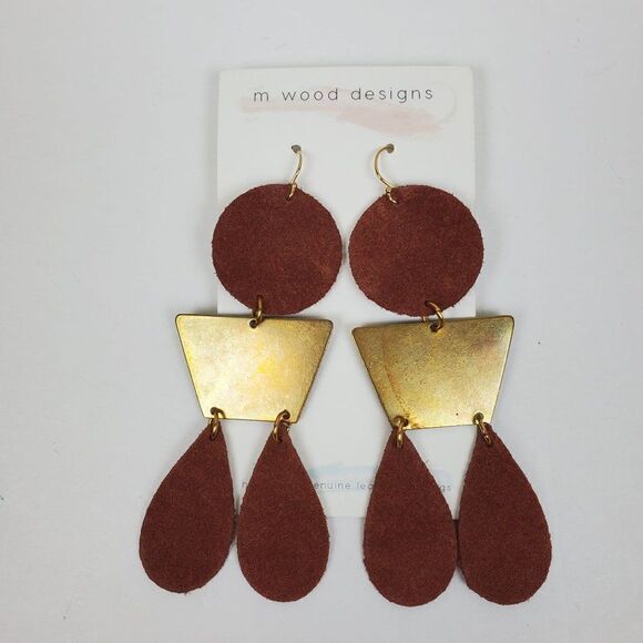 Artisan Cognac Red Brown Genuine Suede Leather Round Teardrop Dangle Earrings - Picture 1 of 6